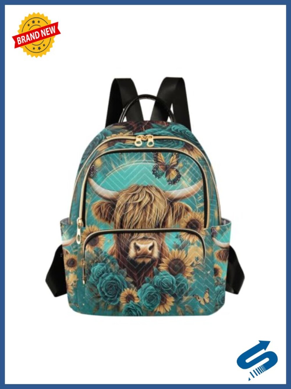 Polyester Women Backpack Purse Shoulder Bag Highland Cow Butterfly Rose
